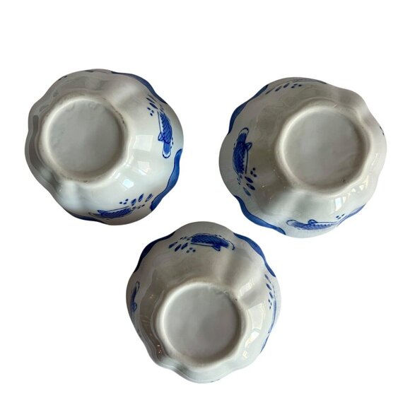 Set/3 Handpainted Fish Bowl Scalloped Edge Made in Brazil 4.5"D x 2"H Blue White - Picture 13 of 14